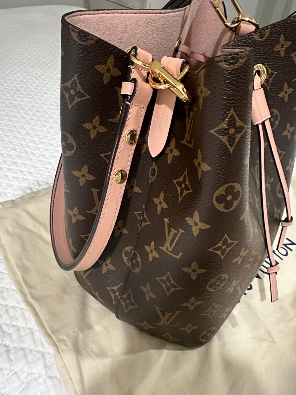 Designer Monogram Bucket Shoulder Bag in Brown with Pink Trim - Picture 3 of 6